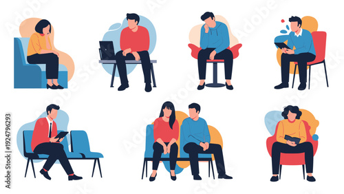 Diverse group of people sitting in a waiting room or reception area using laptops tablets and smartphones or just waiting patiently.