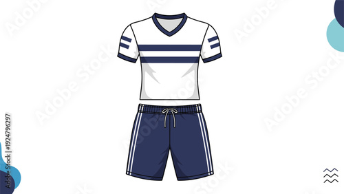 Classic white and blue sports uniform consisting of a v-neck short sleeve jersey and matching athletic shorts for soccer or gym.