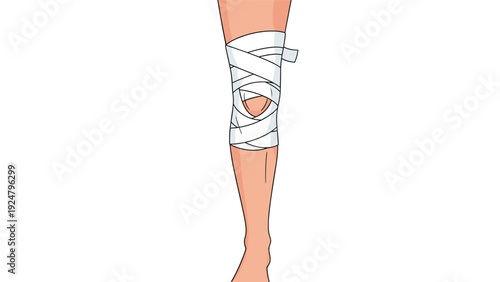 Human leg with a white elastic bandage wrapped around the knee for injury support medical treatment or recovery after surgery.