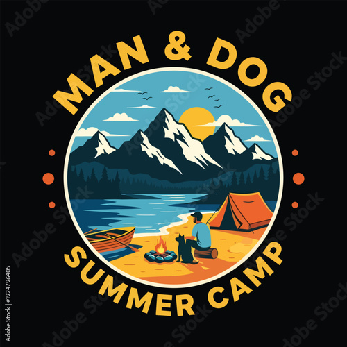 A vintage style illustration depicts a man and dog enjoying summer camping