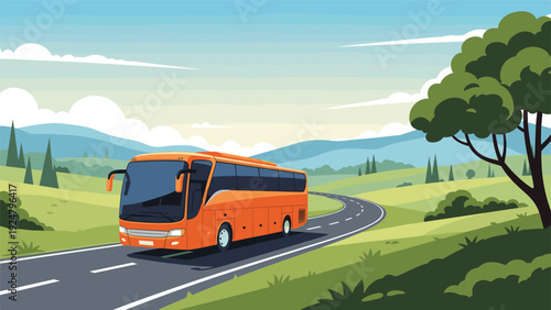 Large orange travel bus driving on a winding road through a beautiful green countryside landscape with mountains and trees in the distance.