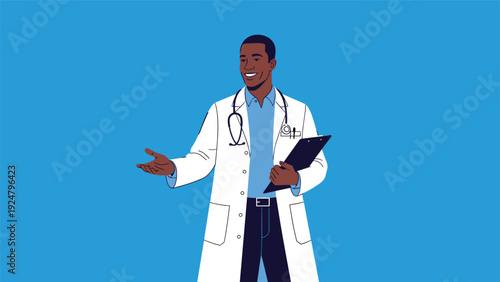 Friendly african american male doctor wearing a white lab coat and stethoscope while holding a medical clipboard against a blue background.