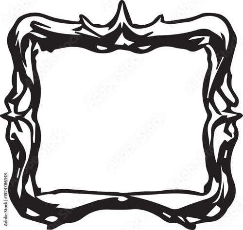 A decorative black square frame featuring a unique ornate top with curved, spiky elements.
