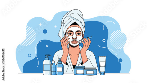 Young woman wearing a white facial mask and a hair towel surrounded by various skin care products like creams lotions and serums.