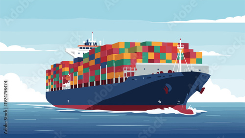Massive cargo container ship sailing across the deep blue ocean water for global trade logistics and international maritime transportation.