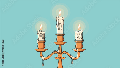 Antique brass three-candle candelabra with lit melting wax candles against a teal background creating a classic and cozy atmosphere.