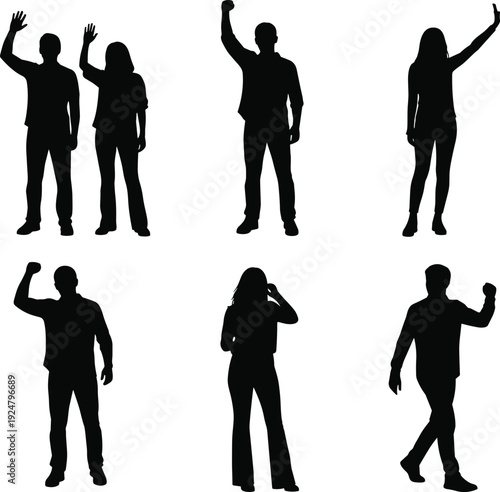 People silhouettes collection men and women raising hands standing poses vector illustration isolated on white background set