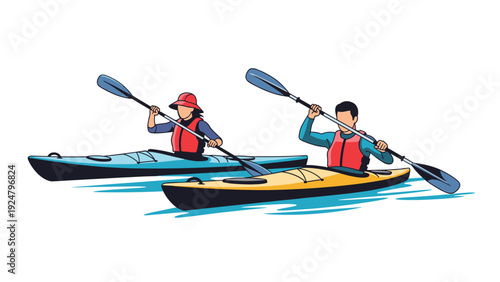 Man and woman kayaking side by side in colorful boats on calm water during a summer outdoor adventure and sports activity.
