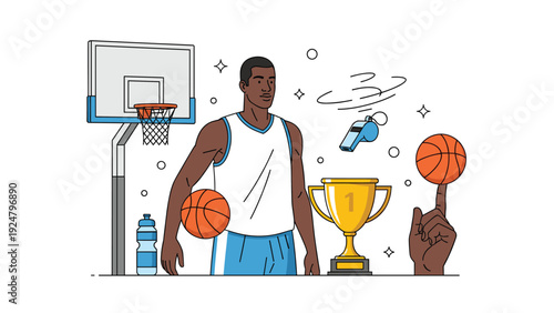 African American basketball player in uniform surrounded by sports equipment like trophy whistle and spinning ball.