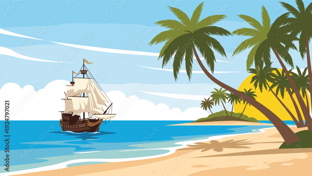 Naklejka premium Traditional wooden sailing ship navigating near a tropical island beach with palm trees and a bright yellow sun.