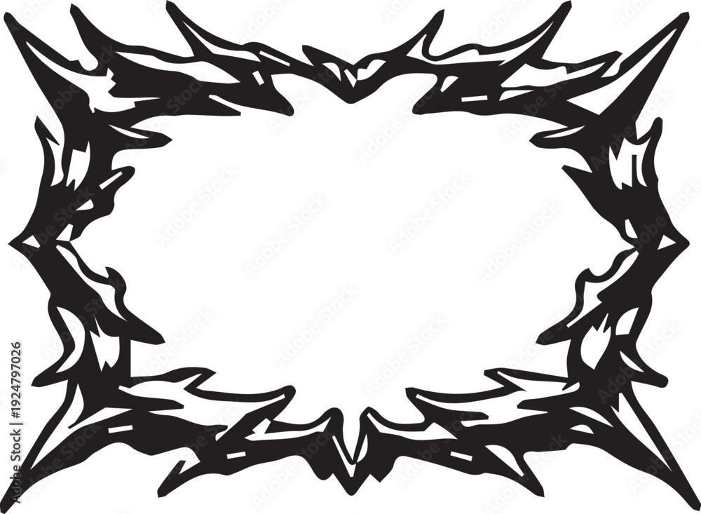Obraz premium An aggressive black horizontal oval frame with intensely sharp and numerous spiky protrusions on its border.