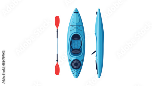 Blue sea kayak with a red paddle displayed from top and side views for professional water sports and outdoor activities.