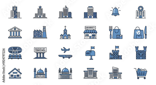 Collection of blue line icons depicting various city buildings and landmarks