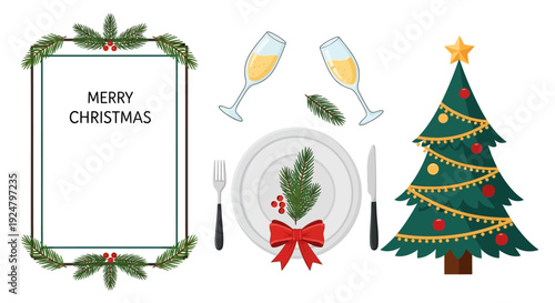 Festive christmas illustration featuring champagne a tree and a place setting