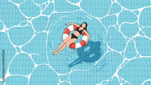 Woman in a black bikini relaxing and floating on a red and white lifebuoy in a swimming pool with clear blue water.