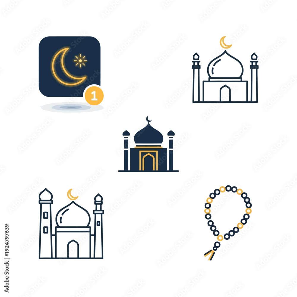 Fototapeta premium Modern digital line icons representing Islamic culture, Ramadan fasting, prayer times, and mosque architecture, suitable for religious apps and web design projects