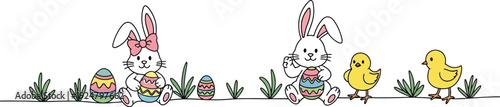 Cute cartoon illustration featuring two happy white easter bunnies sitting beside colorful decorated eggs and small yellow chicks in green grass