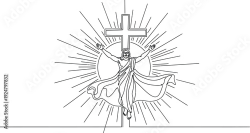 Minimalist line art drawing depicting the triumphant resurrection of Jesus Christ standing above the cross with radiant glory surrounding his ascent