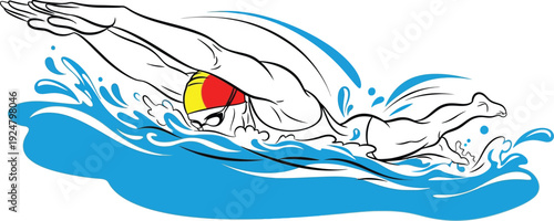 Stylized black and white illustration captures a competitive swimmer powerfully executing the freestyle stroke through splashing blue water waves