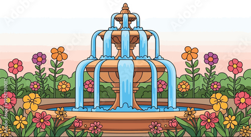 Colorful illustrated garden scene prominently featuring a cascading tiered water fountain surrounded by numerous blooming flowers and green foliage.