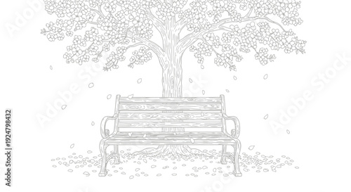 Black and white line art illustration depicts an empty wooden park bench situated beneath a large flowering cherry tree with petals falling gently around.