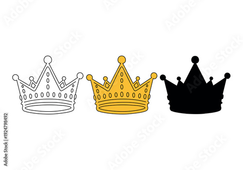 Simple crown icons set outline gold black silhouette vector design elements