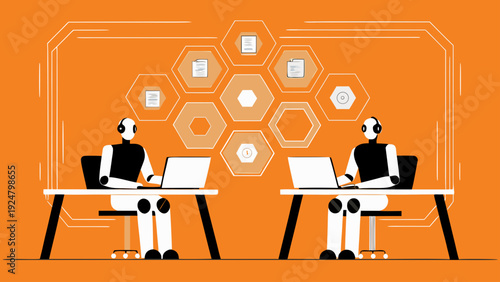 Two humanoid robots working on laptops at desks in modern office with hexagonal data symbols background