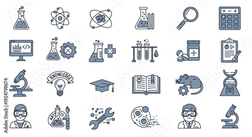 Collection of science and research related icons in blue tones