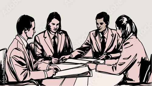 Business professionals in a meeting with documents discussing strategy in a conference room setting