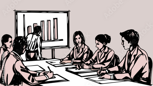 Business team analyzing data in a meeting with a graph on a board in the background monochrome vector illustration