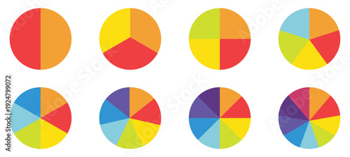 Pie chart diagram Circle set. 2,3,4,5,6,7,8,9 sections or steps. Flat process cycle. Circle icons for infographic, UI, web design, business presentation. Vector illustration. 