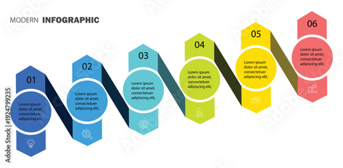 6 steps business infographic with hexagon icon or business for the presentation. Process chart with flat design editable. Timeline design for brochure, presentation. 