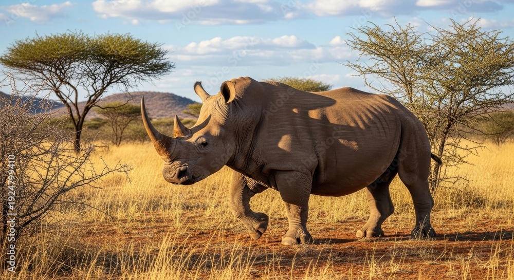 Obraz premium Majestic White Rhinoceros Strolling Through the African Savannah.