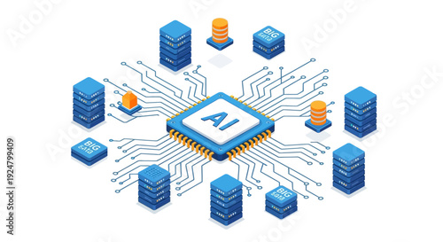 Artificial intelligence network with servers and data connections illustrated