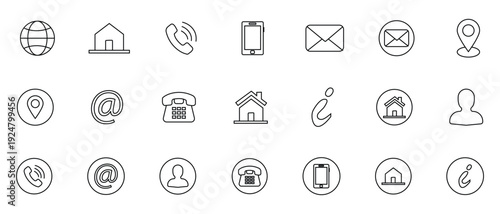 Contact icon set.  Containing contact information, name, address, phone, e-mail, location, website, telephone, mail and more.  Contact symbol design template.