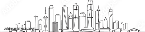 Sleek continuous line drawing of a vibrant metropolitan skyline, showcasing modern architecture and towering skyscrapers, embodying urban progress and contemporary living