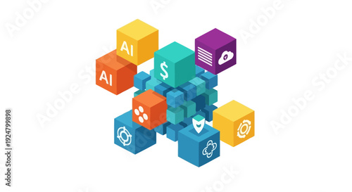 Colorful isometric cubes representing artificial intelligence and data connections