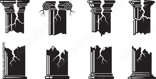 Set of damaged ancient Greek columns with cracks and breaks
