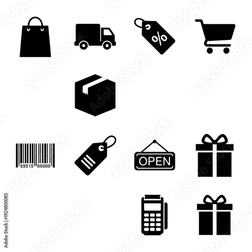 Assorted black icons for shopping and commerce on a white background displayed from a straightforward viewpoint