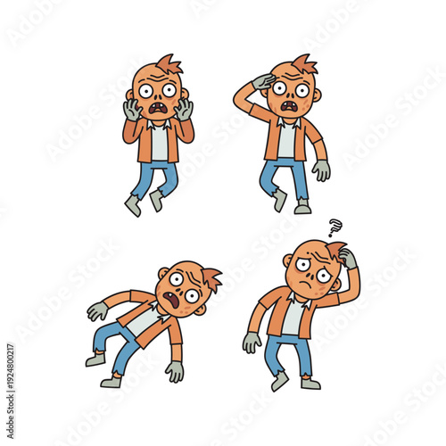 Cartoon man experiencing confusion and frustration with puzzled expressions