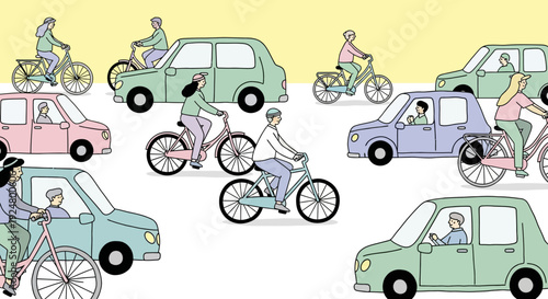 Commuting and traffic illustration with cars and bicycles