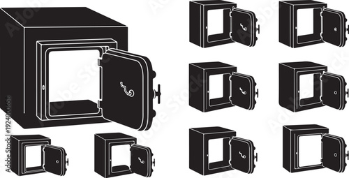 Collection of safe boxes in various sizes and positions