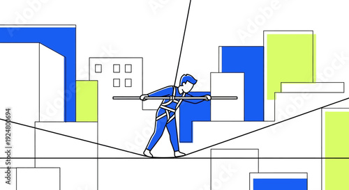 Illustrative Tightrope Walker Balancing Skills and Risk in Urban Environment