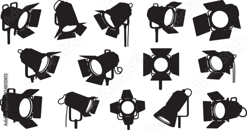 Collection of various stage lights and spotlights in black