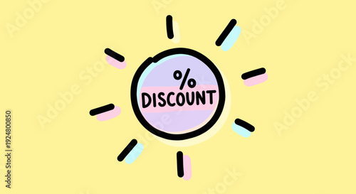Discount symbol surrounded by colorful shapes on a bright yellow background viewed from directly above