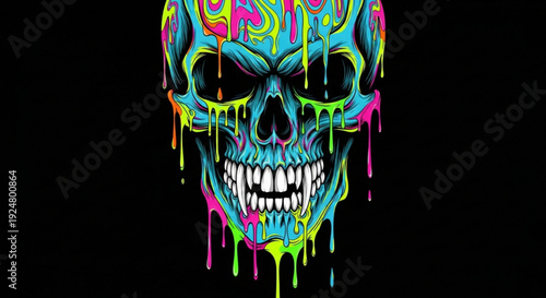 Vibrant graffiti skull with colorful paint drips on black background symbolizing urban street art and edgy creativity