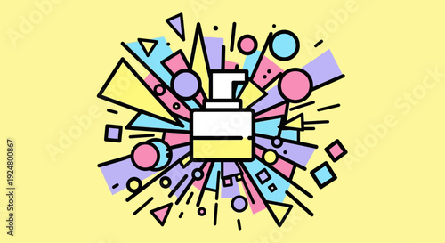 Vibrant Geometric Shapes Surrounding a Mug on a Bright Yellow Background from a Direct Viewpoint Illustration