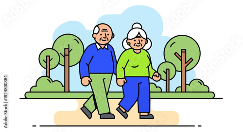 Elderly couple walking together in a serene park landscape scenery outdoors