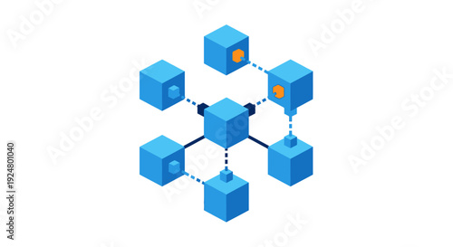 Abstract network of interconnected blue cubes with orange nodes