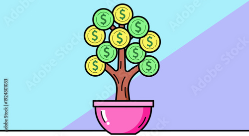 Money tree with dollar signs growing in a pot on a table